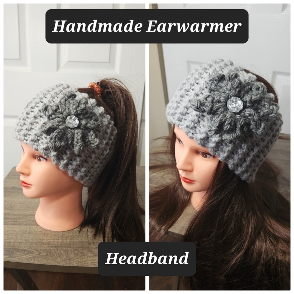 HANDMADE  KNITTED  HEADBAND EARWARMER. Y WITH CROCHETED FLOWER
